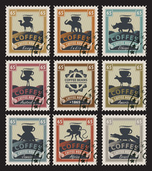 Obraz premium postage stamps with coffee beans from different countries with animals