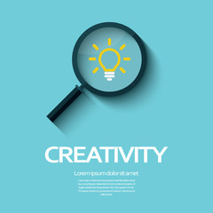 Creativity symbol with magnifying glass icon and light bulb.