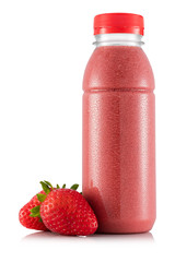 Strawberry smoothie in plastic bottle - obrazy, fototapety, plakaty