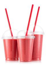 strawberry smoothie in three size of plastic cup - obrazy, fototapety, plakaty