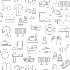Occupational safety, seamless pattern, grey pattern, white background. Vector, contour drawings of workwear and safety items on a white background. 
