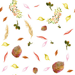 Watercolor seamless pattern with autumn leaves.