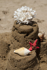 Sandcastle with starfish, coral and seashell on sandy beach