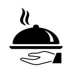 waiter dining dish with steam black icon on white background