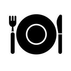 plate with fork and spoon black icon on white background
