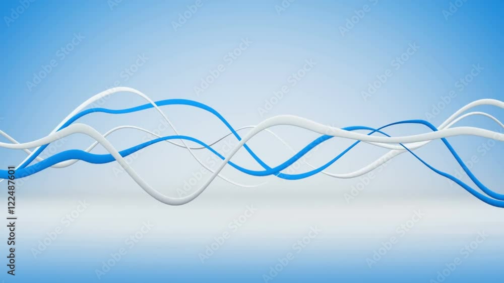 Poster blue and white waving lines. 3d render animation seamless loop 4k uhd (3840x2160)