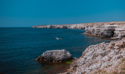 Summer view cliffed seacoast. The marine rocks landscape. Blue sea and sky, seagal flies, beautiful nature. Black Sea bay, Crimea.