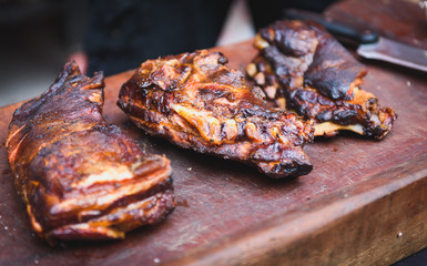 Grilled spare beef or pork back ribs prepared in smoker.