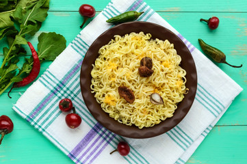 Italian Pasta (spaghetti) with dried porcini mushrooms and Parmesan.