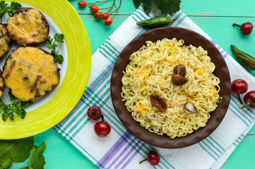 Italian Pasta (spaghetti) with dried porcini mushrooms and Parmesan. Serve with baked stuffed champignons