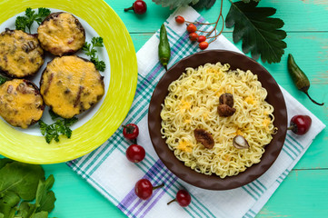Italian Pasta (spaghetti) with dried porcini mushrooms and Parmesan. Serve with baked stuffed champignons