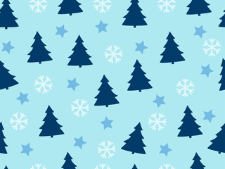 Christmas seamless pattern with Christmas trees, snowflakes and stars. Vector illustration.