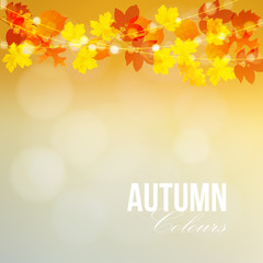 Autumn, fall card, banner. Garden party decoration. String of polygonal oak, maple leaves, lights. Modern vector blurred vector.