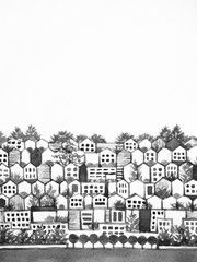 black, white pollution town environment city tree and building concept watercolor painting