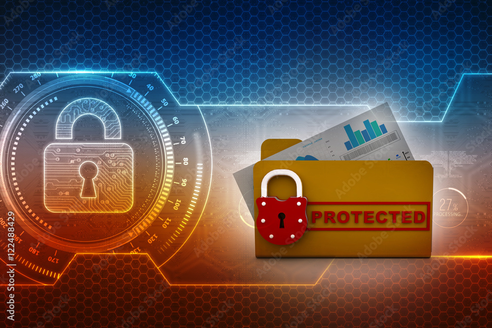 Poster yellow folder and lock. data security concept. 3d rendering