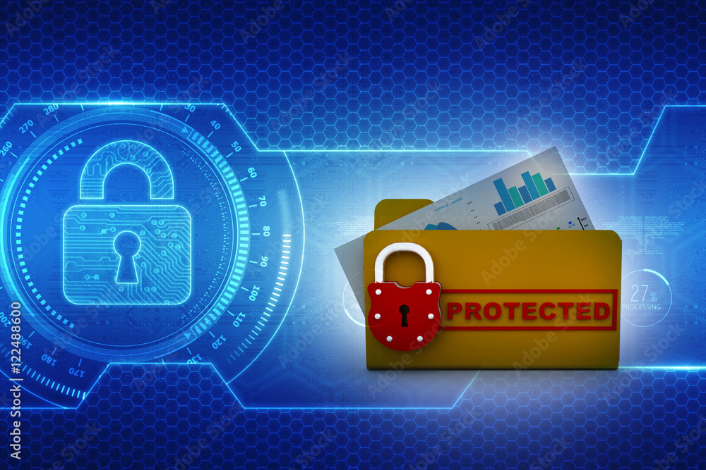 Poster yellow folder and lock. data security concept. 3d rendering