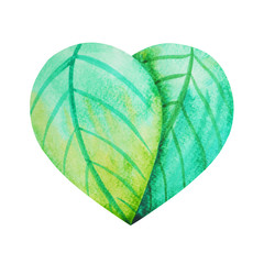 leaf in heart symbol, watercolor painting hand drawn illustration design