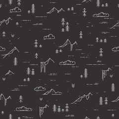 Vector linear seamless pattern with wild landscape elements on blackboard