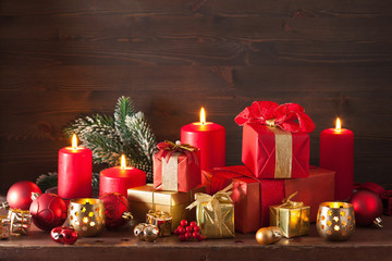 red and golden christmas gift box and decoration lantern candle