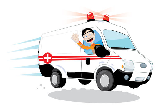 a vector cartoon representing a funny ambulance driver, hurrying and driving