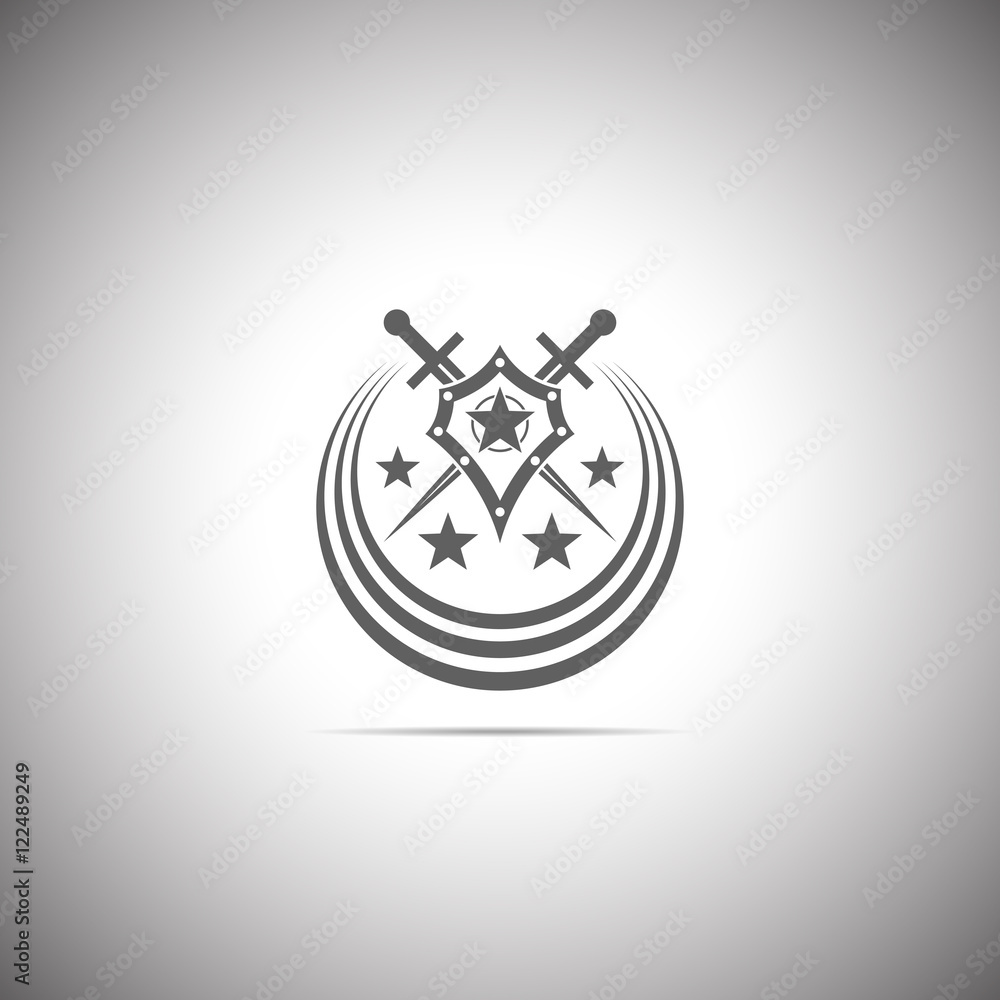 Poster abstract vector icon - shield and sword. shield and sword emblem.