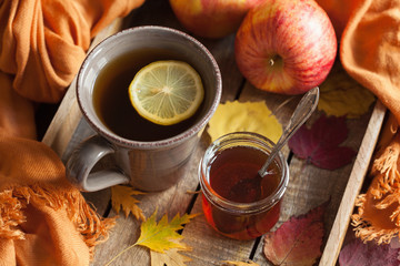 hot lemon honey tea warming drink scarf cozy autumn leaves