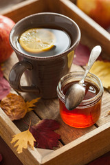 hot lemon honey tea warming drink cozy autumn leaves