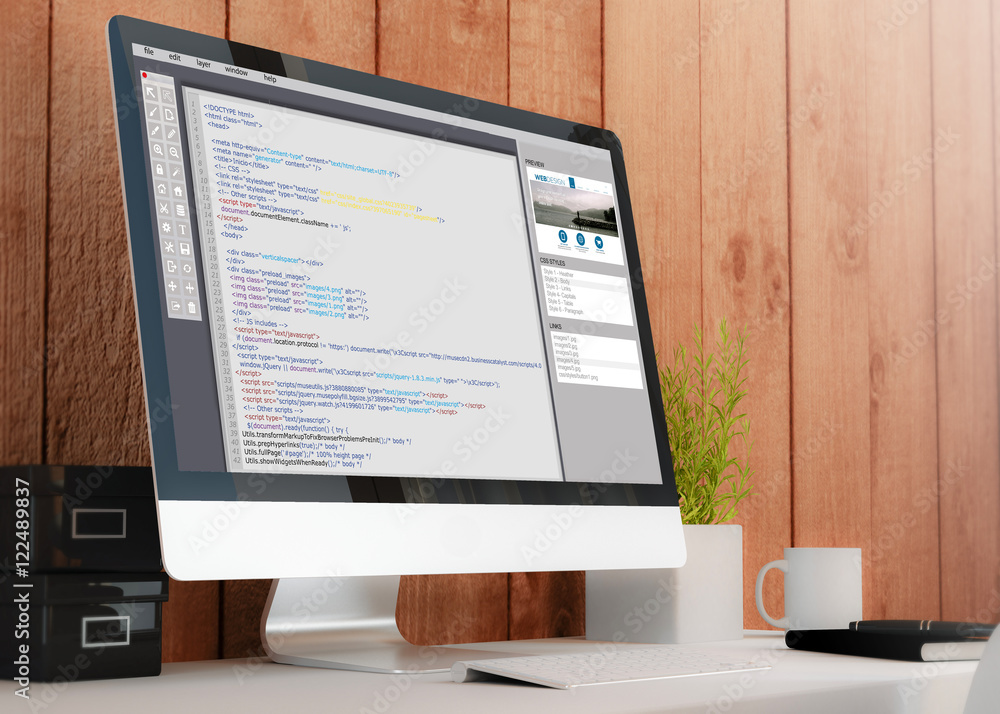 Poster modern workspace with computer programming
