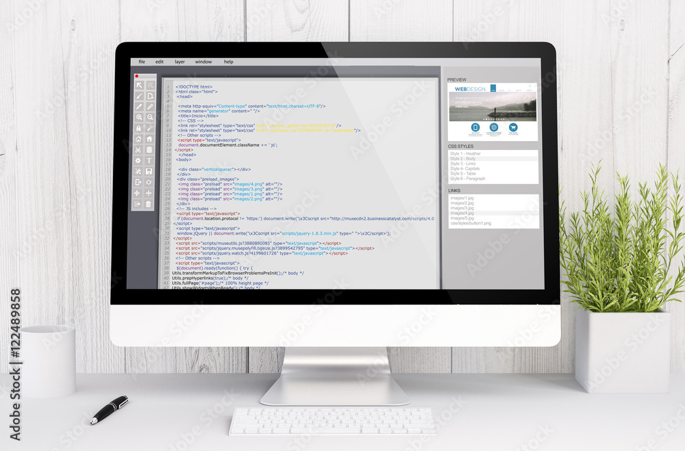 Poster white workspace with computer coding
