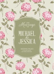 Marriage invitation card with custom sign and flower frame over gray background with hydrangea flowers. Vector illustration.
