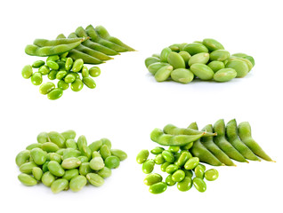 boiled green soy beans on white background
