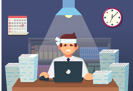 Funny flat Cartoon Character. Tired Office Worker Sitting and Working All Night. Vector Illustration