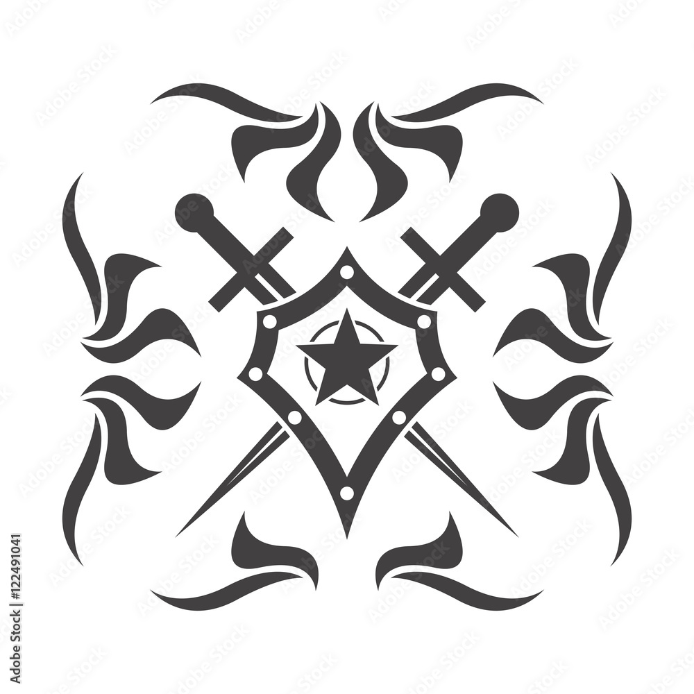 Poster abstract vector icon - shield and sword. shield and sword emblem.
