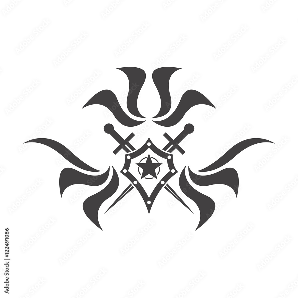 Poster abstract vector icon - shield and sword. shield and sword emblem.