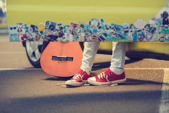 Closeup Of Teen Sneakers. Traveler Lifestyle