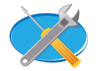 a vector cartoon representing  a simple tools logo, a screwdriver and a wrench crossed