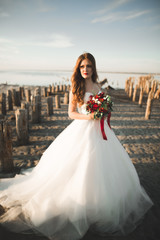 Fototapeta na wymiar Romantic beautiful bride in white dress posing on the background sea and wooden poles