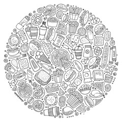 Set of Fast food cartoon doodle objects, symbols and items