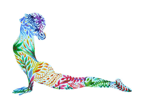 Upward Facing Dog Yoga Pose, Urdhva Mukha Svanasana, flower floral  pattern watercolor painting hand drawn illustration design