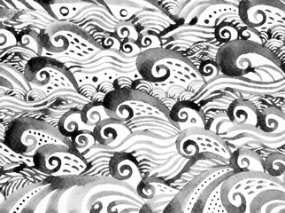 wave pattern minimal watercolor painting hand drawn japanese style