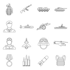 War icons set in outline style. Military equipment set collection vector illustration