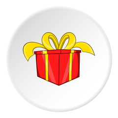 Gift in red box icon in cartoon style on white circle background. Holiday symbol vector illustration