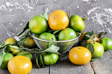 Orange and green tangerines with leaves