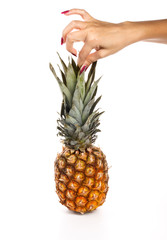 A girl holding a pineapple on a white background.