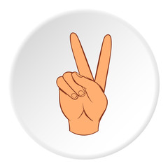 Gesture victoria icon in cartoon style on white circle background. Gestural symbol vector illustration