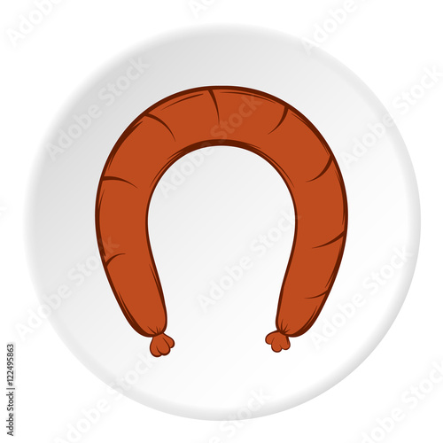 "Sausage icon in cartoon style on white circle background. Food symbol
