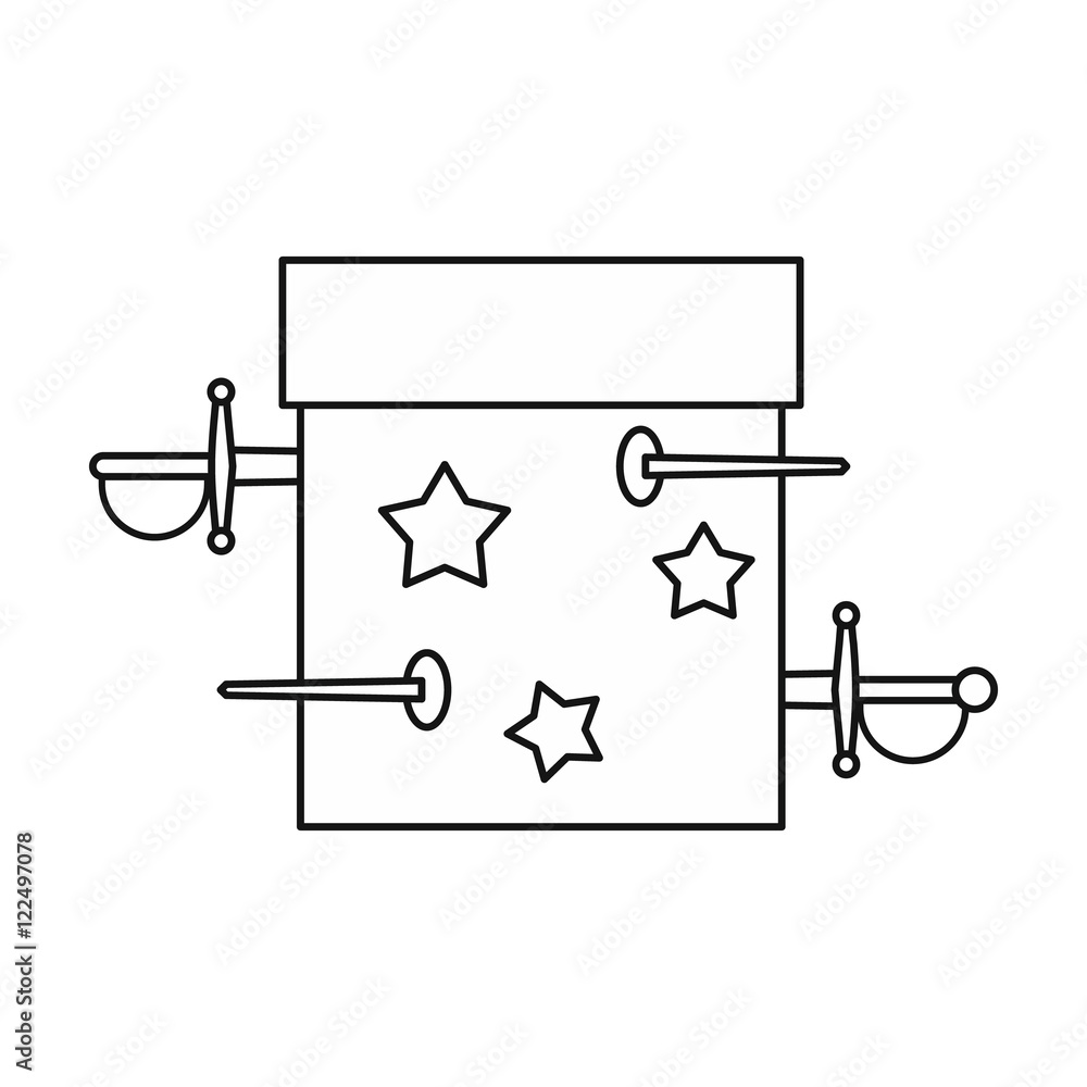 Poster box of tricks with daggers icon in outline style isolated on white background. tricks symbol vector 