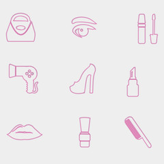 Vector cosmetics and beauty icons in trendy linear style - set of signs related to women