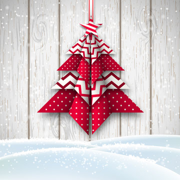 red and white origami chritmas tree, holiday theme, illustration