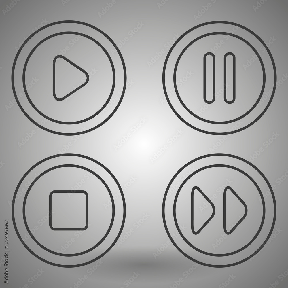 Poster Audio player flat linear icons set. Play, stop, forward and backward rewind buttons. Multimedia app interface. Vector line art illustrations